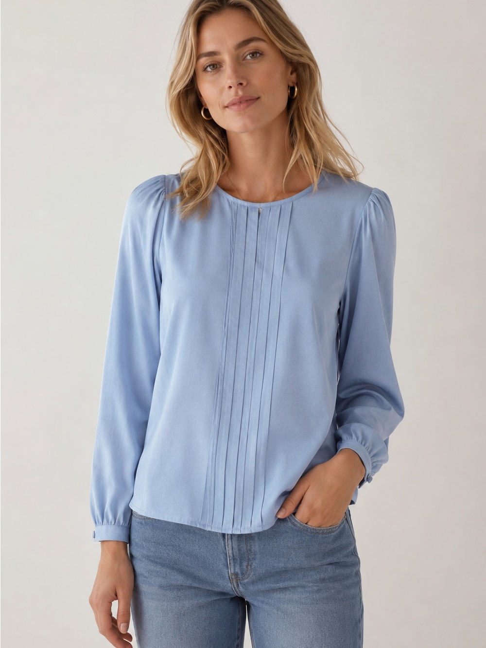 Worth New York 100% Silk Pintuck Blouse Light Blue Long Sleeve Career Top Size 8
